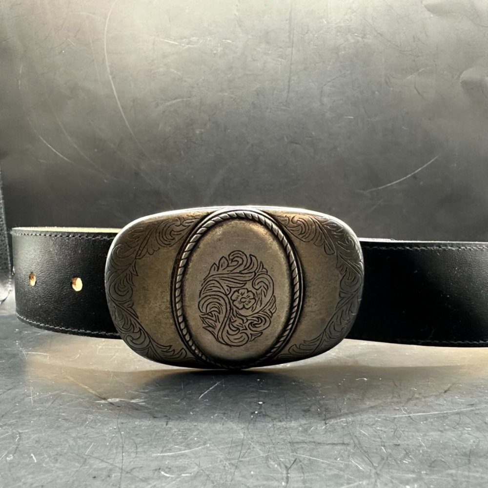 Avignon Black Womens Small Leather belt Spanish Floral Silver Buckle 30 x 1.5 in